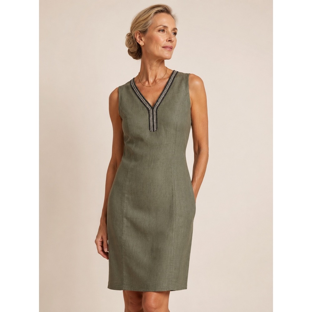 NWOT Lina Tomei Italy Linen Rhinestone V Neck Shift Dress M Sage Quiet Lux